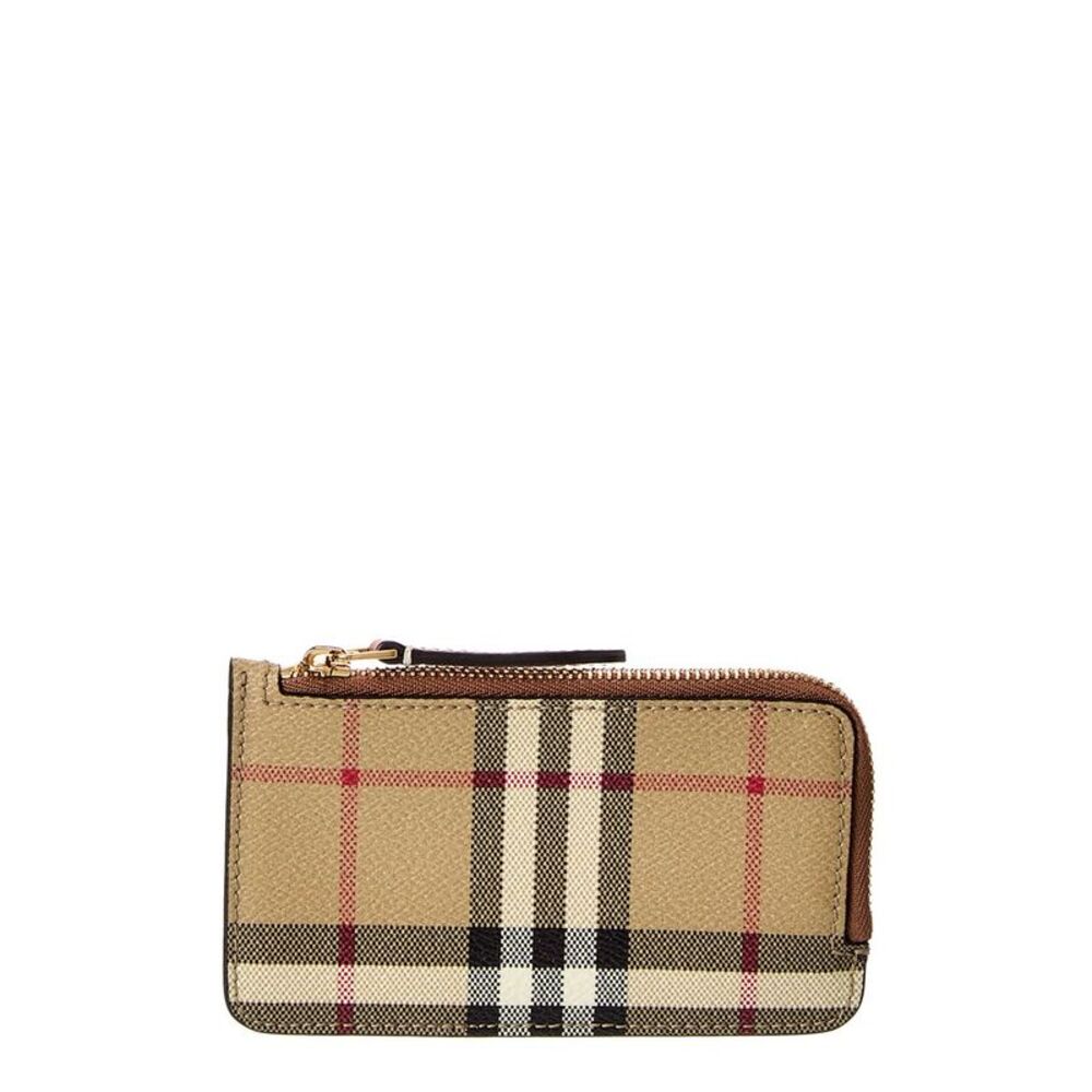 Burberry Check E-Canvas & Leather Zip Card Case, Beige